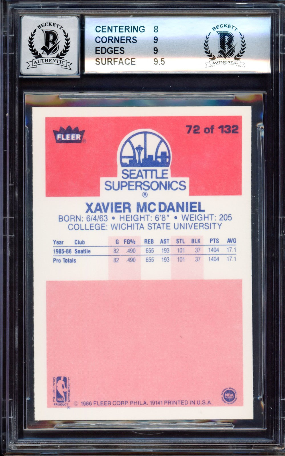 Xavier McDaniel Auto 1986-87 Fleer RC 72 Supersonics BGS 8.5 Auto GM 10 Beckett