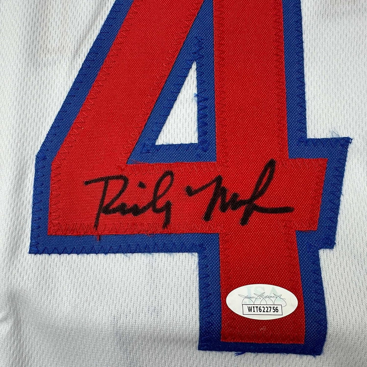 Framed Autographed/Signed Rick Mahorn 35x39 Detroit White Jersey JSA COA
