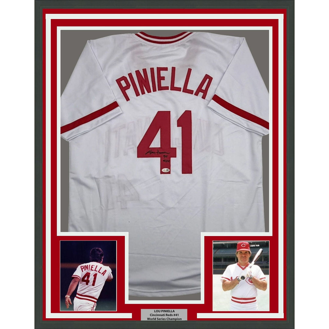 Framed Autographed/Signed Lou Piniella 35x39 Cincinnati Jersey JSA COA
