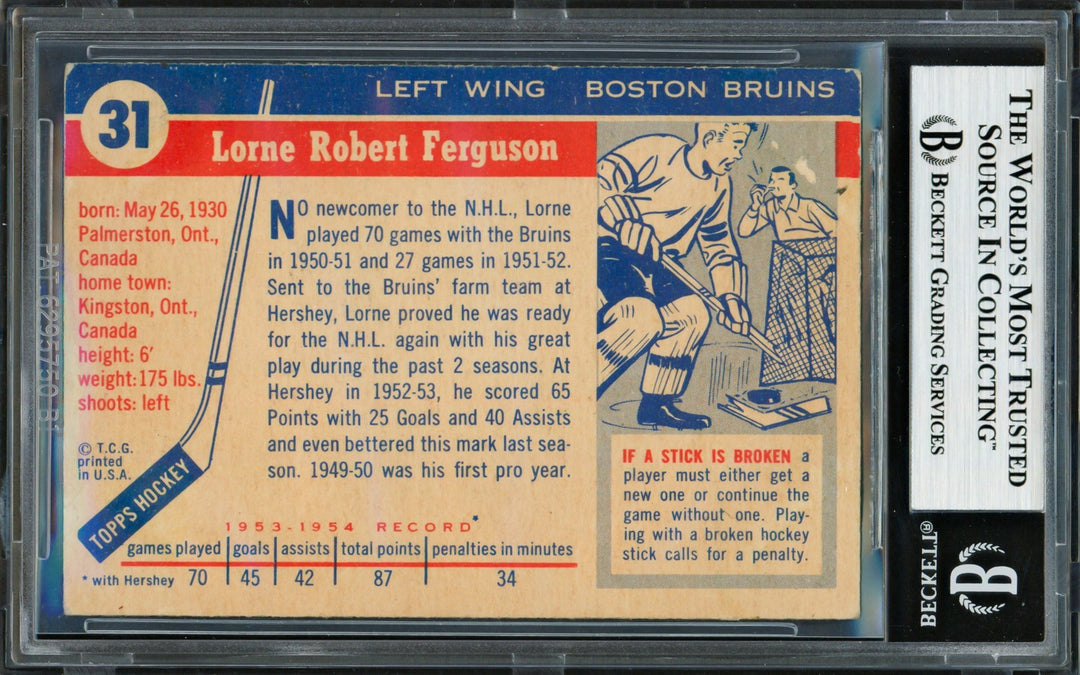 Lorne Ferguson Signed 1954-55 Topps Card 31 Boston Bruins Beckett