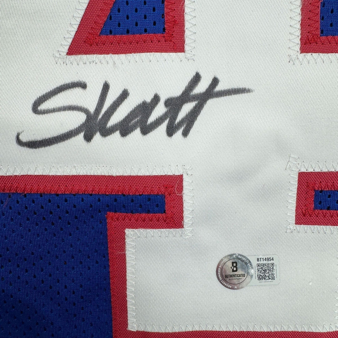 Autographed/Signed Cam Skattebo New York Blue Retro Football Jersey BAS COA
