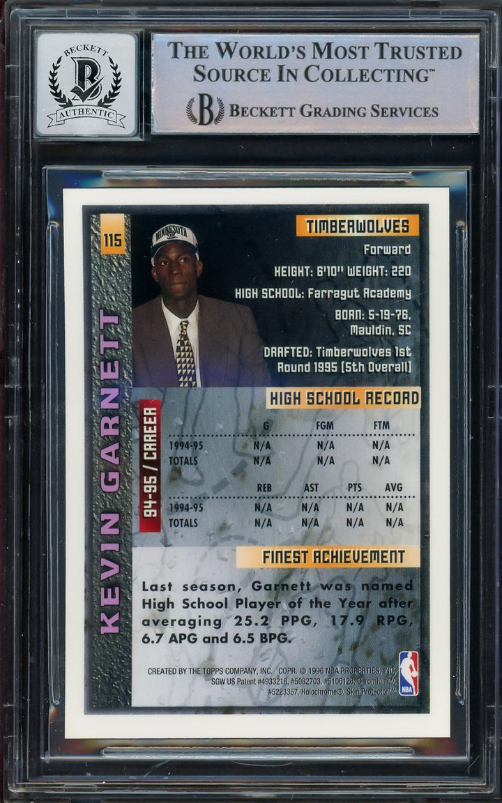 Kevin Garnett Signed 1995-96 Topps Finest RC 115 Timberwolves Auto 10 Beckett