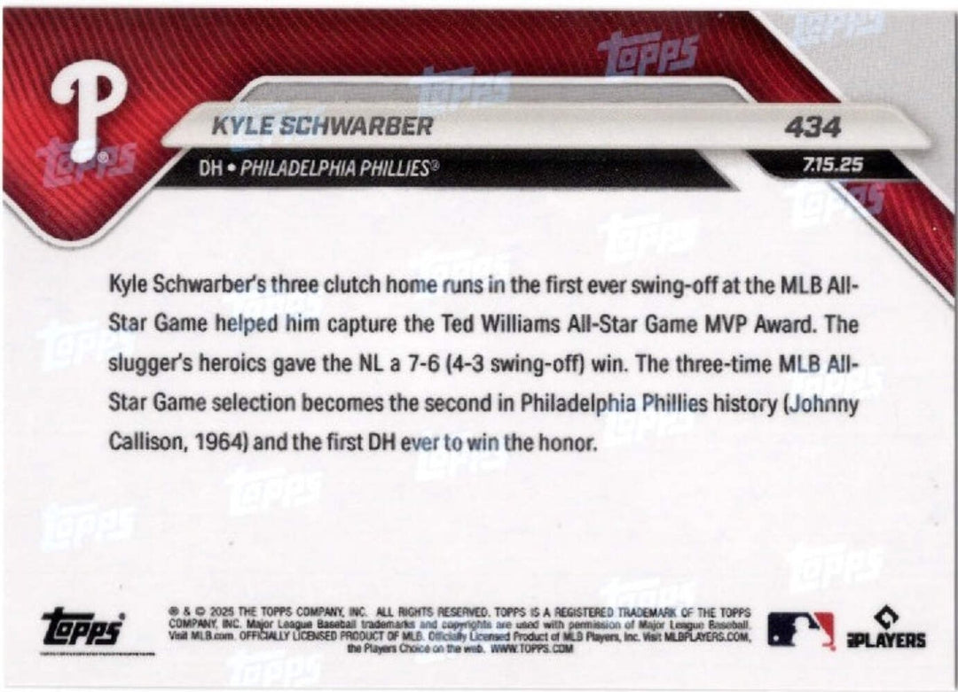 2025 Topps Now Kyle Schwarber #434 Orange Foil /25 Phillies Baseball Card