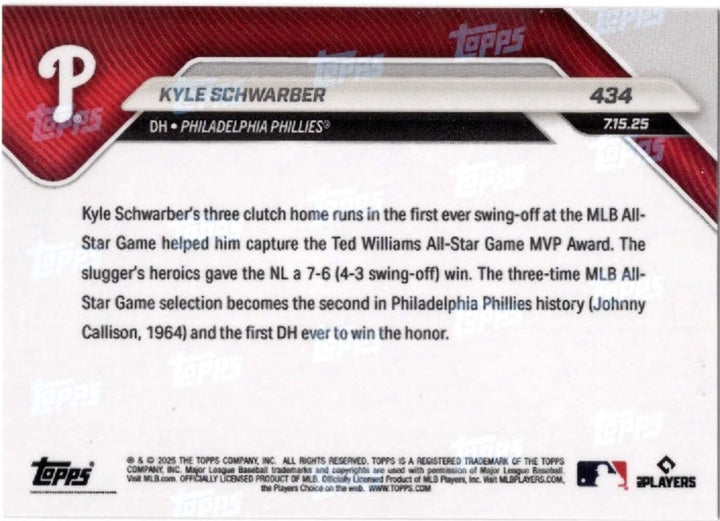2025 Topps Now Kyle Schwarber #434 Orange Foil /25 Phillies Baseball Card