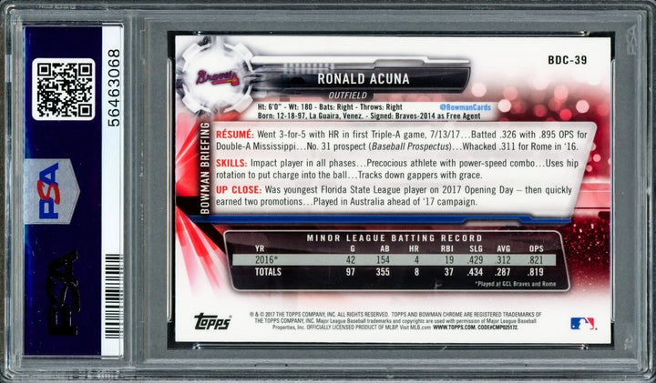 Ronald Acuna Jr. Signed 2017 Bowman Draft Chrome RC #BDC39 Braves PSA9 Auto 10