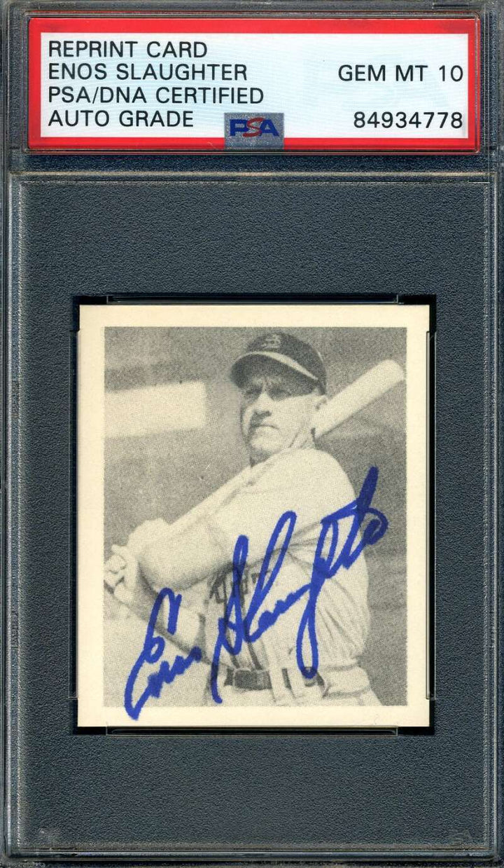 Enos Slaughter Gem Mint 10 PSA DNA Signed 1948 Bowman Reprint Rookie Autograph