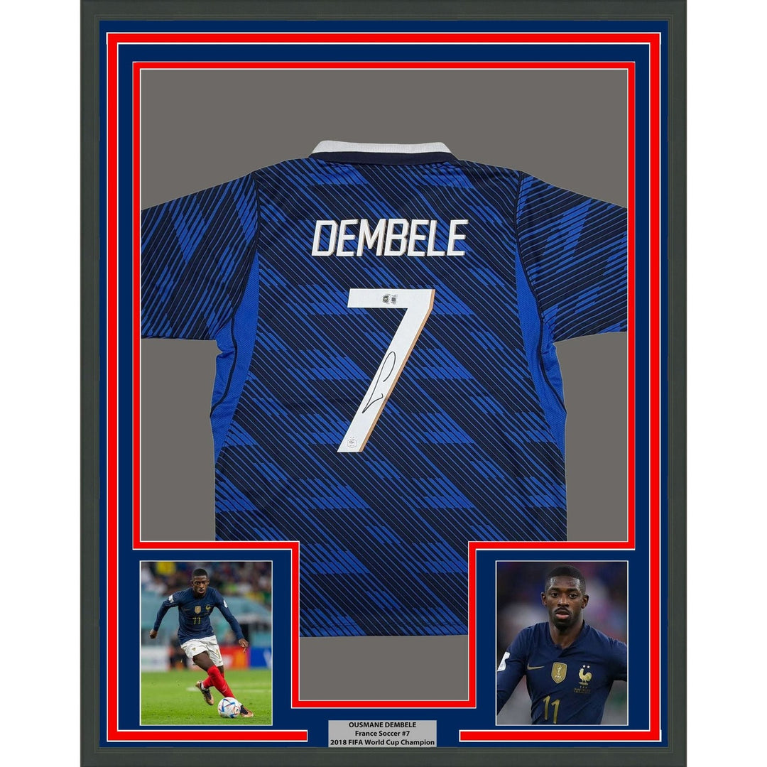 Framed Autographed/Signed Ousmane Dembele 35x39 France Blue Jersey BAS COA