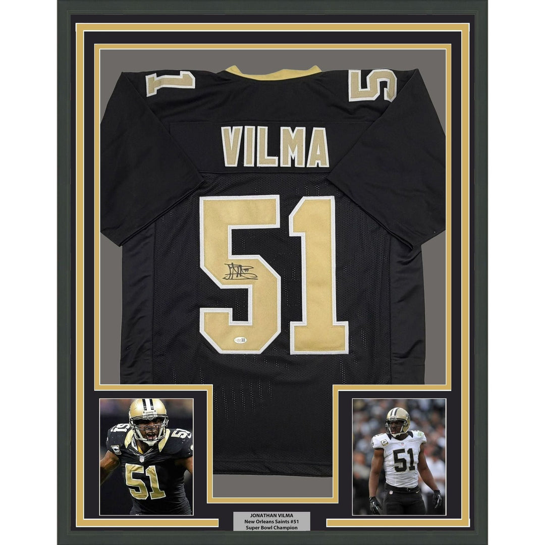 Framed Autographed/Signed Jonathan Vilma 35x39 New Orleans Jersey JSA COA