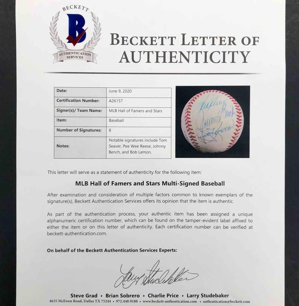 Tom Seaver/Johnny Bench/Pee Wee Reese multi signed Baseball BAS COA LOA Beckett