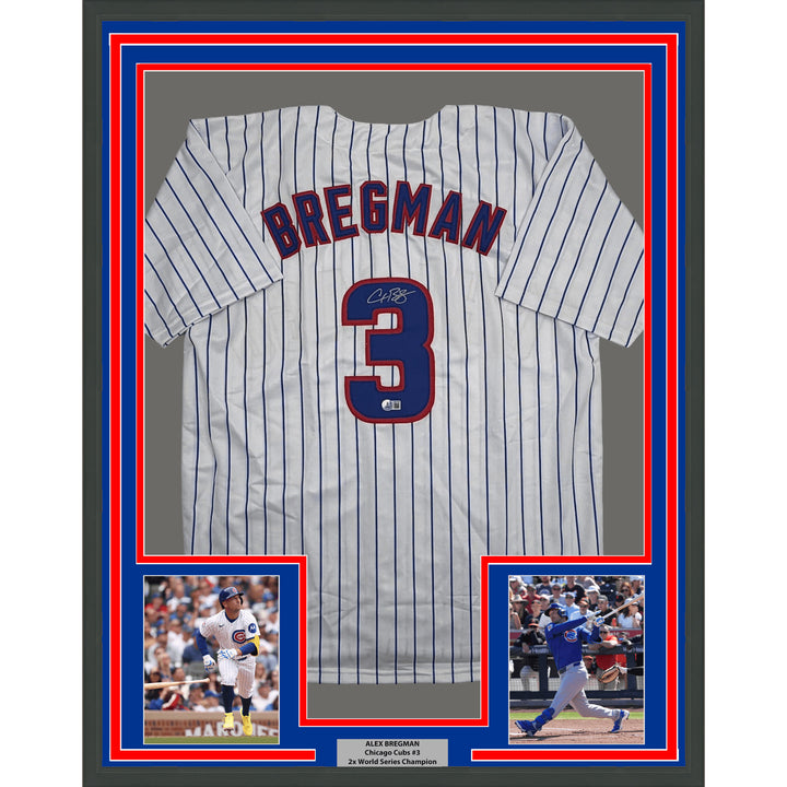 Framed Autographed Alex Bregman 35x39 Chicago Pinstripe Baseball Jersey BAS COA
