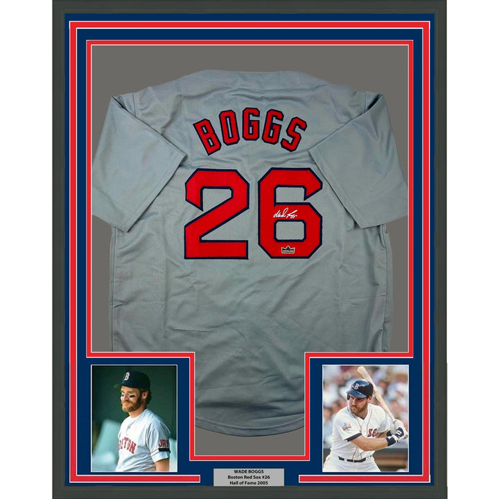 Framed Facsimile Autographed Wade Boggs 33x42 Grey Reprint Laser Auto Jersey