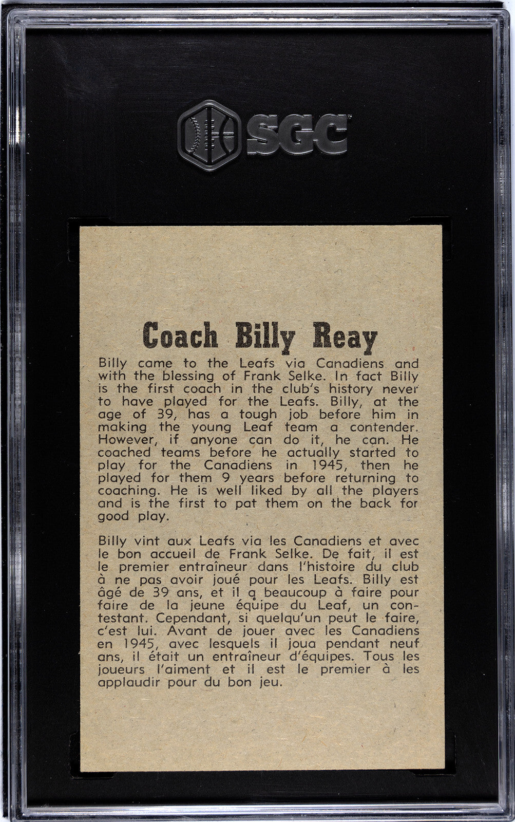 Billy Reay 1958-59 Parkhurst NHL Card #25- SGC Graded 3 VG (Toronto Maple Leafs)