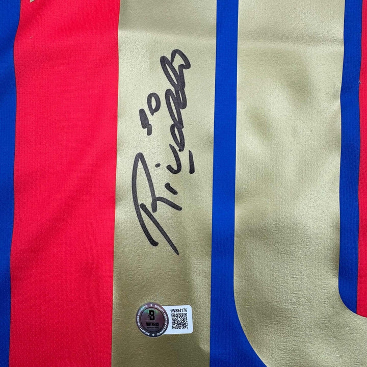 Autographed/Signed Rivaldo Ferreira FC Barcelona Blue Jersey Beckett COA