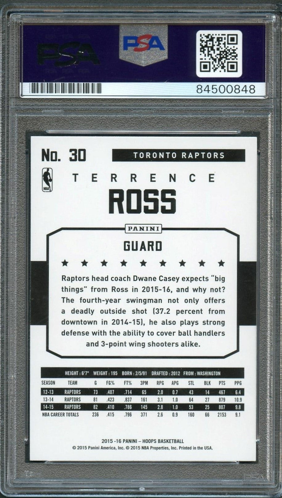 2015-16 NBA Hoops #30 Terrence Ross Signed Card AUTO 10 PSA Slabbed Raptors