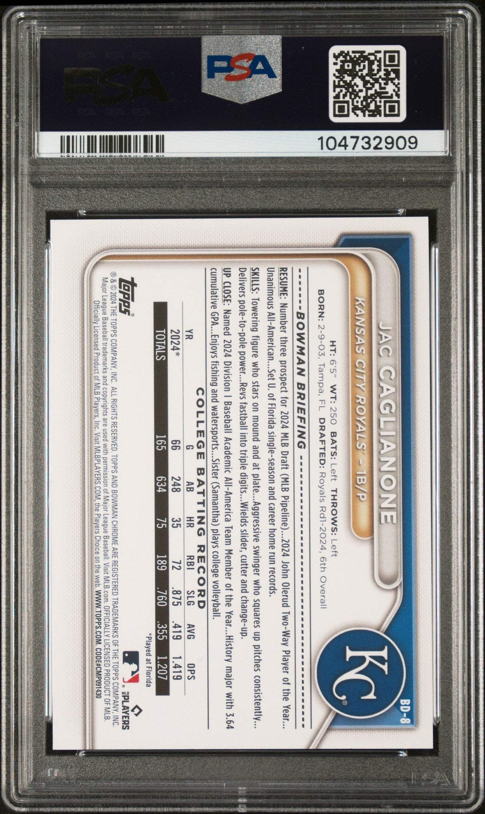 Graded 2024 Topps Bowman Draft Jac Caglianone #BD8 Rookie Baseball Card PSA 10