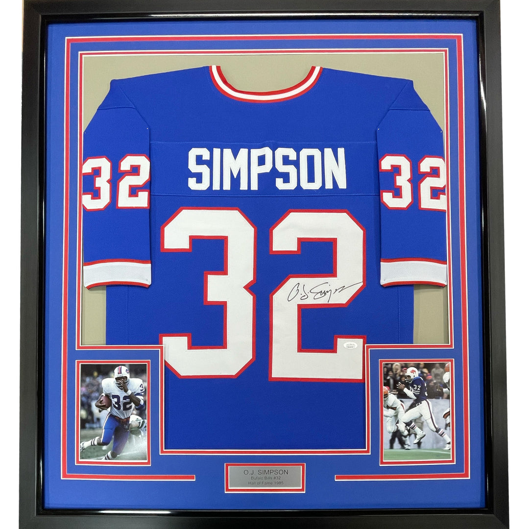 FRAMED Autographed/Signed OJ O.J. SIMPSON 33x42 Buffalo Blue Jersey JSA COA Auto