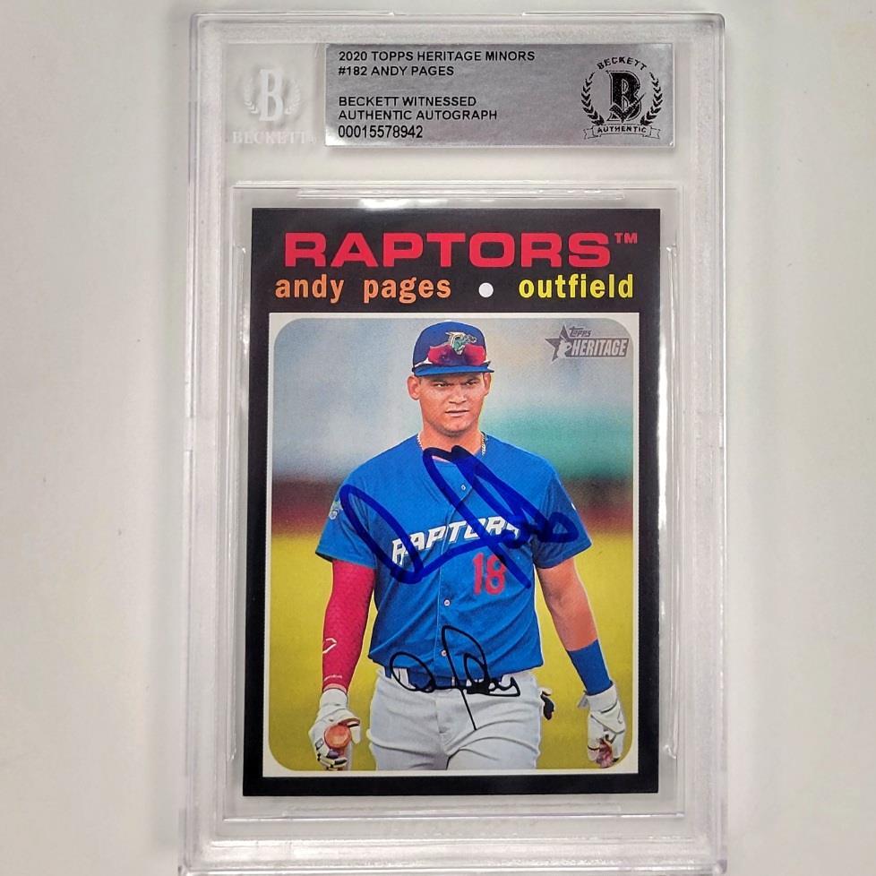 Andy Pages signed 2020 Topps Heritage Minors RC Dodgers #182 rookie card BAS BGS