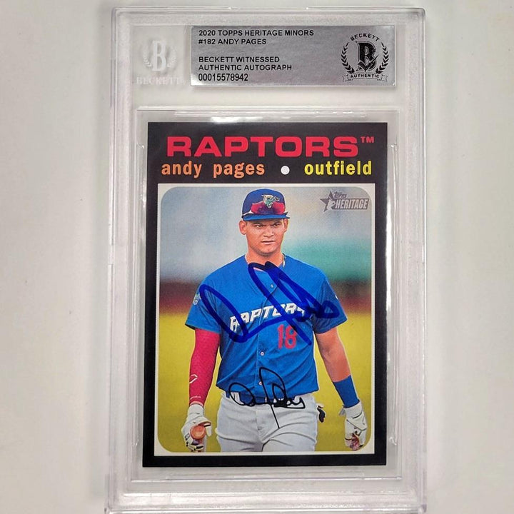 Andy Pages signed 2020 Topps Heritage Minors RC Dodgers #182 rookie card BAS BGS
