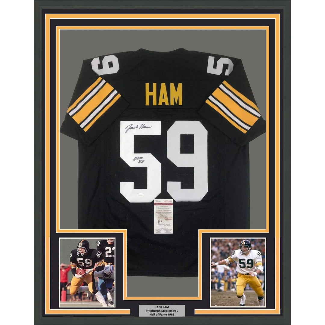 Framed Signed Jack Ham HOF 88 35x39 Pittsburgh Black Jersey JSA COA