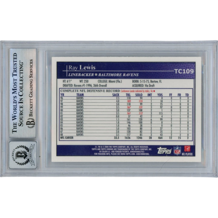 Ray Lewis Autographed 2009 Topps Chrome TC109 Slabbed Trading Card Beckett 50009