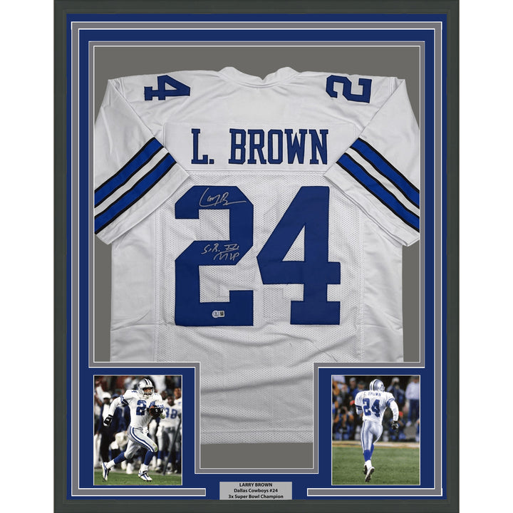 Framed Autographed Larry Brown 35x39 SB MVP Dallas White Football Jersey JSA COA