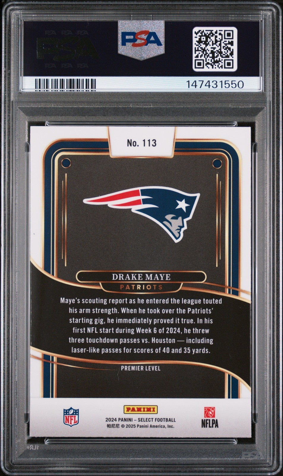 Graded 2024 Panini Select Drake Maye #113 Rookie Football Card PSA 9 Mint