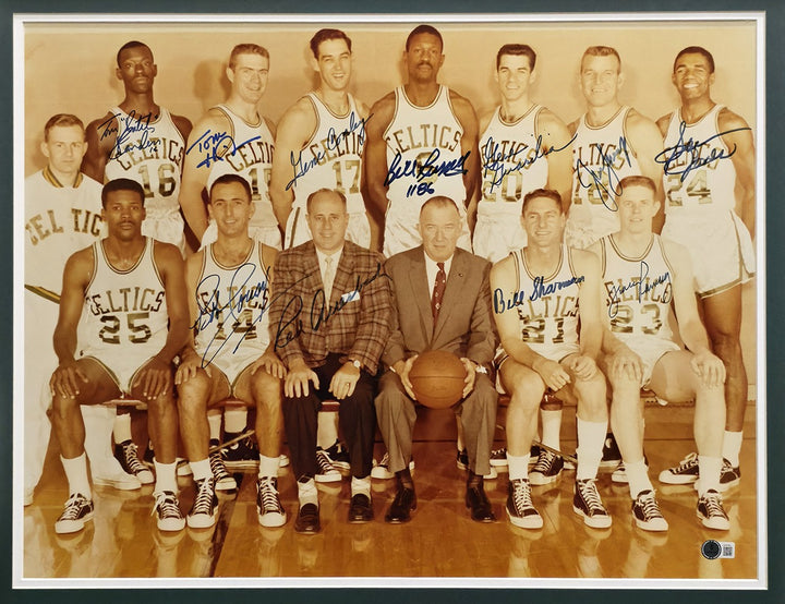1962 Celtics Team Auto Framed 18x24 Photo 11 Sigs Bill Russell, Auerbach Beckett