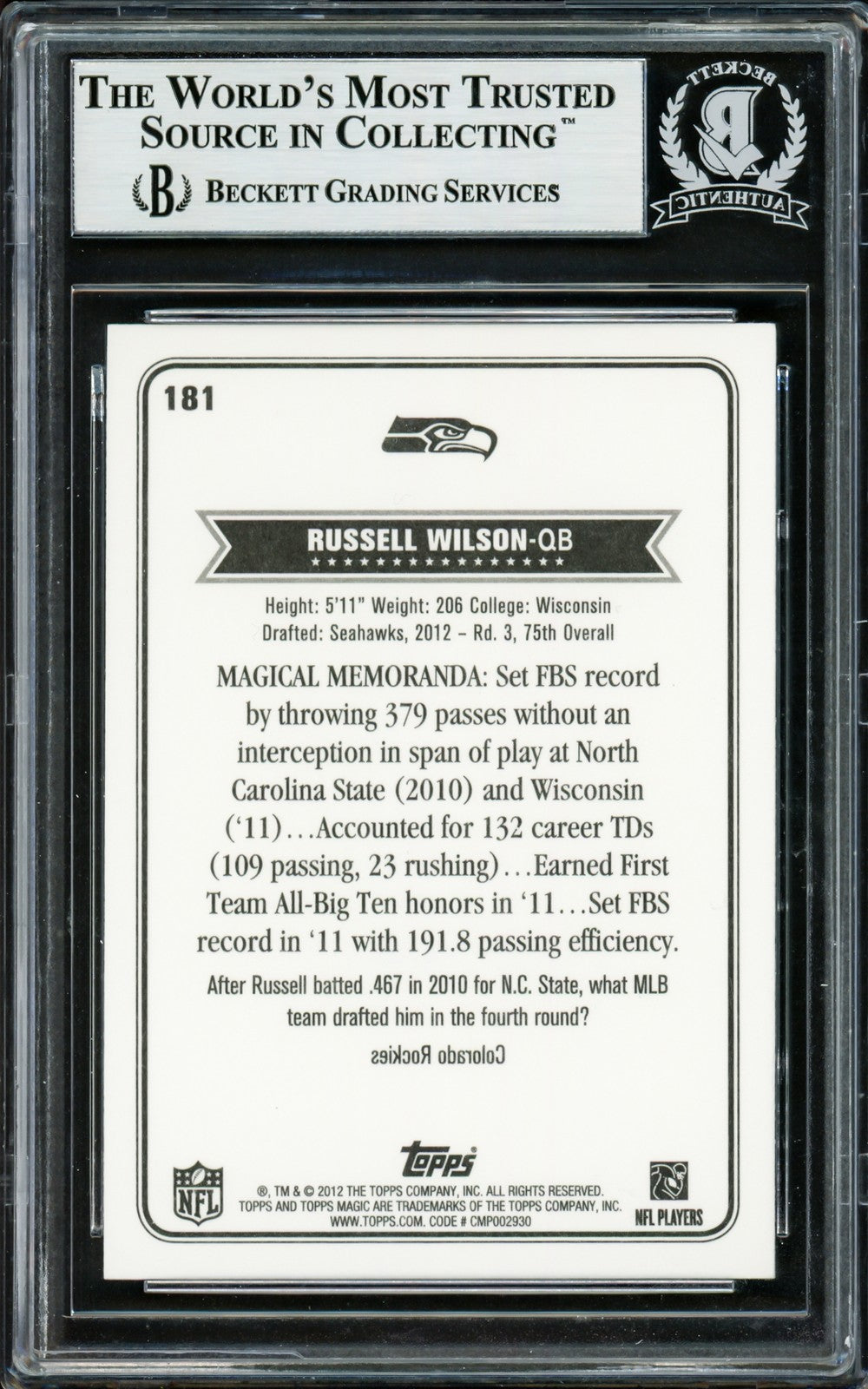 Russell Wilson Signed 2012 Topps Magic Rookie Card #181 Seattle Seahawks Beckett