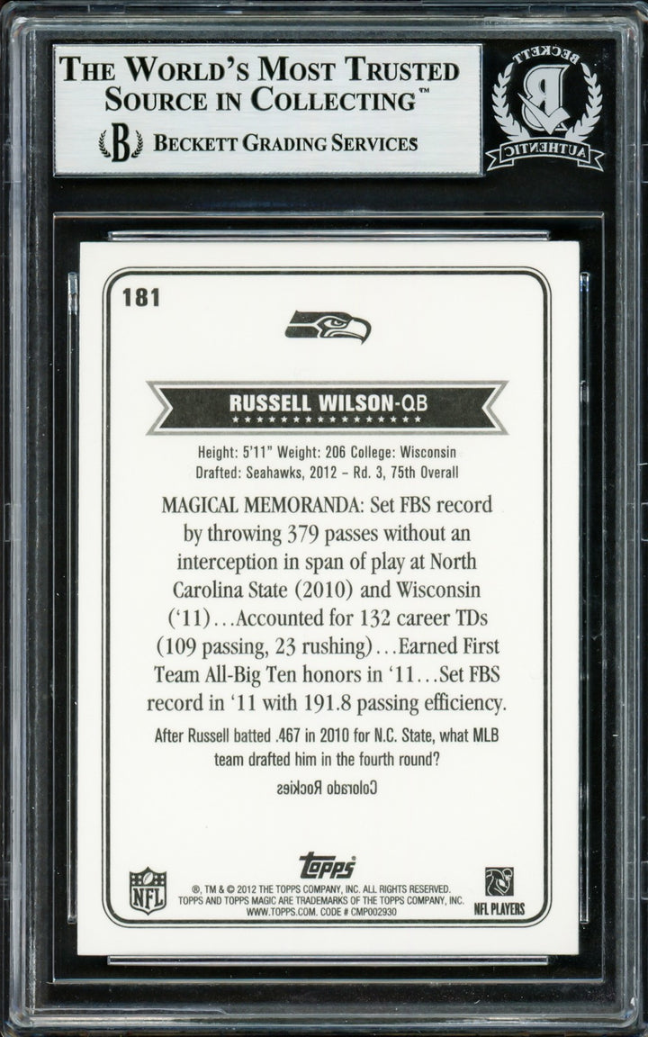 Russell Wilson Signed 2012 Topps Magic Rookie Card #181 Seattle Seahawks Beckett