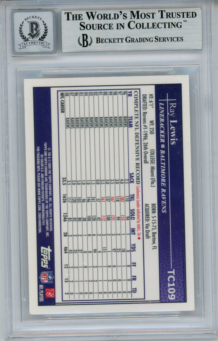 Ray Lewis Signed 2008 Topps Chrome #TC109 Trading Card Beckett 10 Slab 35234