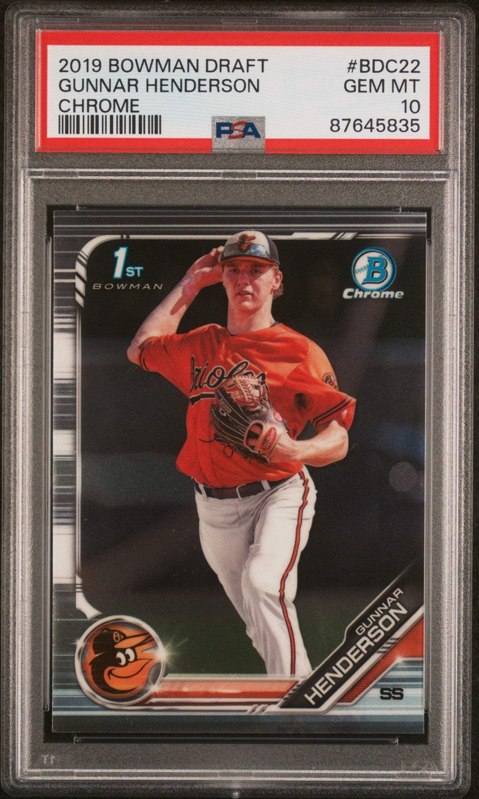 Graded 2019 Bowman Draft Gunnar Henderson #BDC22 Chrome RC Baseball Card PSA 10
