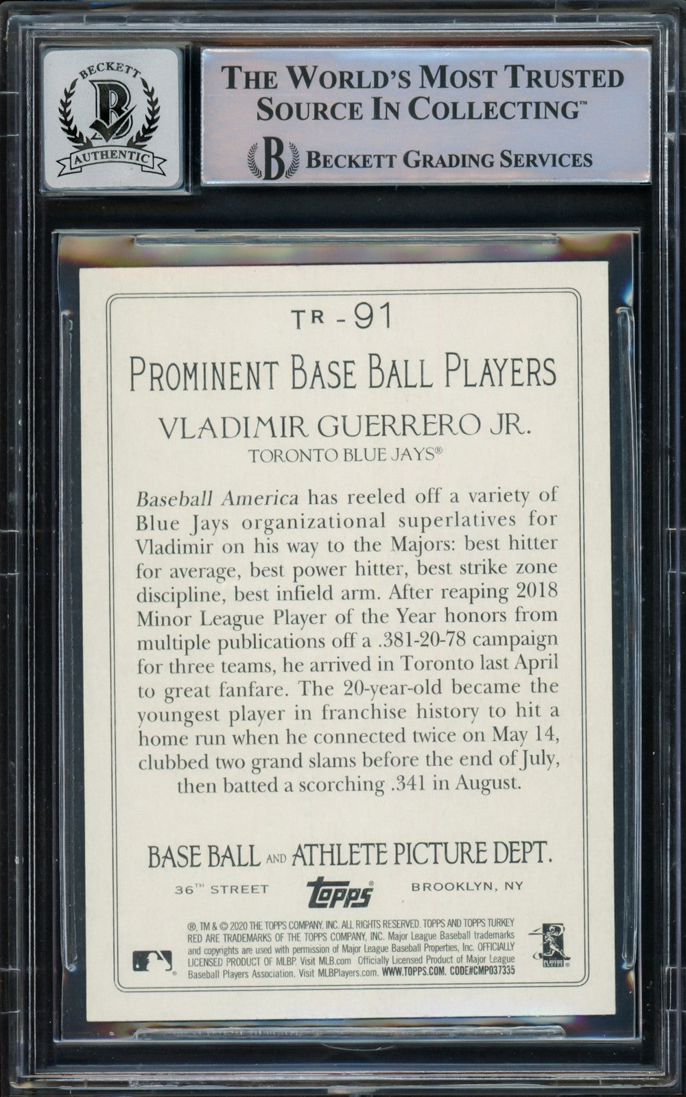 Vladimir Guerrero Jr Auto 2020 Topps Turkey Red Card 91 Blue Jays Sig 10 Beckett