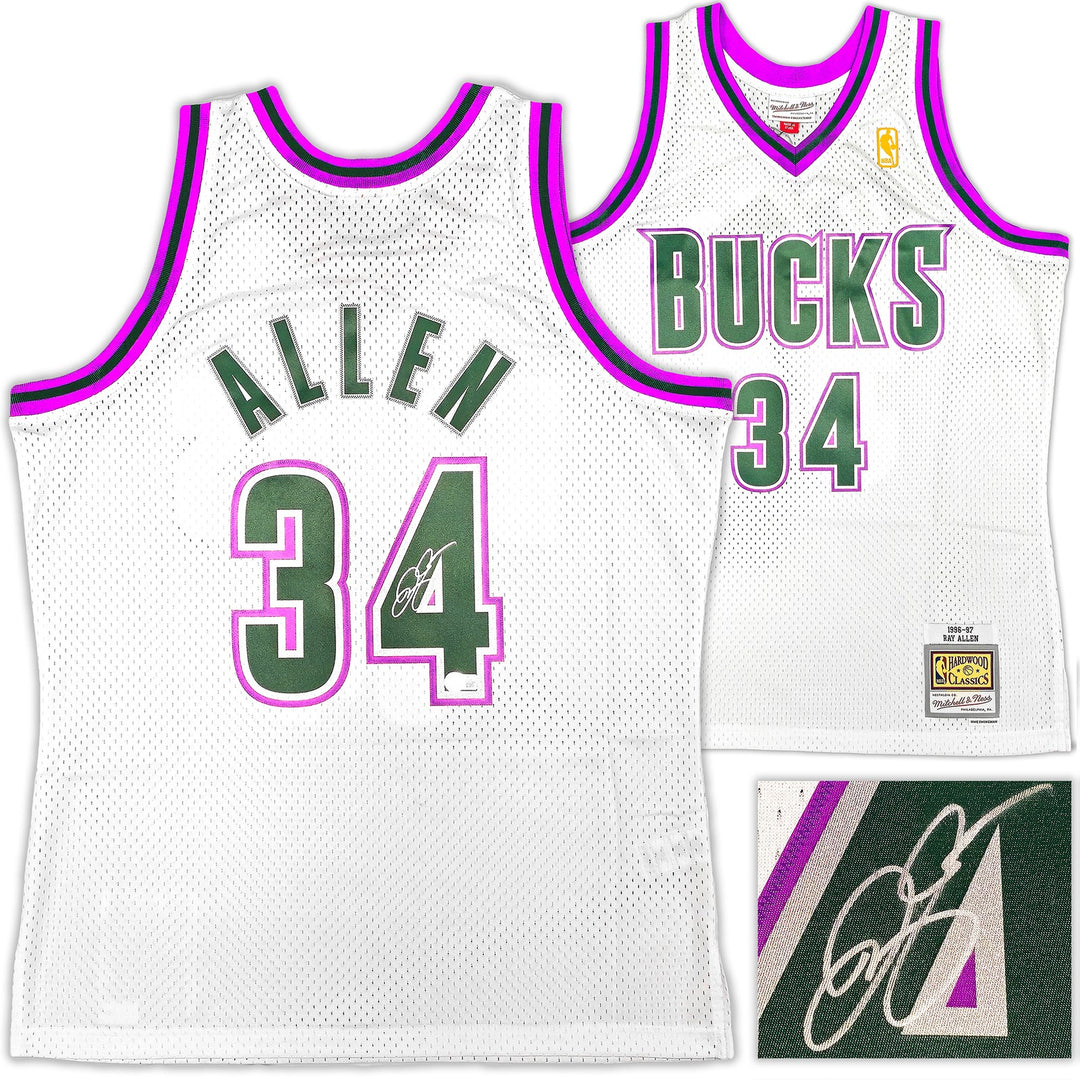 Bucks Ray Allen Auto White Auth Mitchell Ness 96-97 Swingman Jersey L BAS