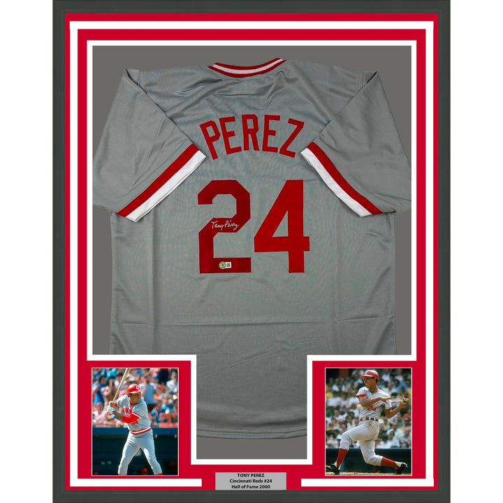 Framed Autographed/Signed Tony Perez 35x39 Cincinnati Grey Jersey BAS COA