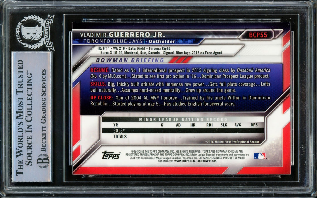 Vladimir Guerrero Jr. Auto Signed 2016 Bowman Chrome Prospects RC BCP55 Beckett