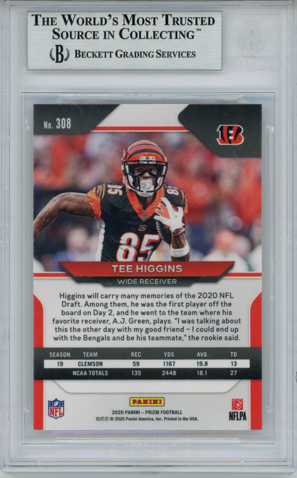 Tee Higgins Autographed 2020 Panini Prizm #308A Rookie Card BAS Slab 32112