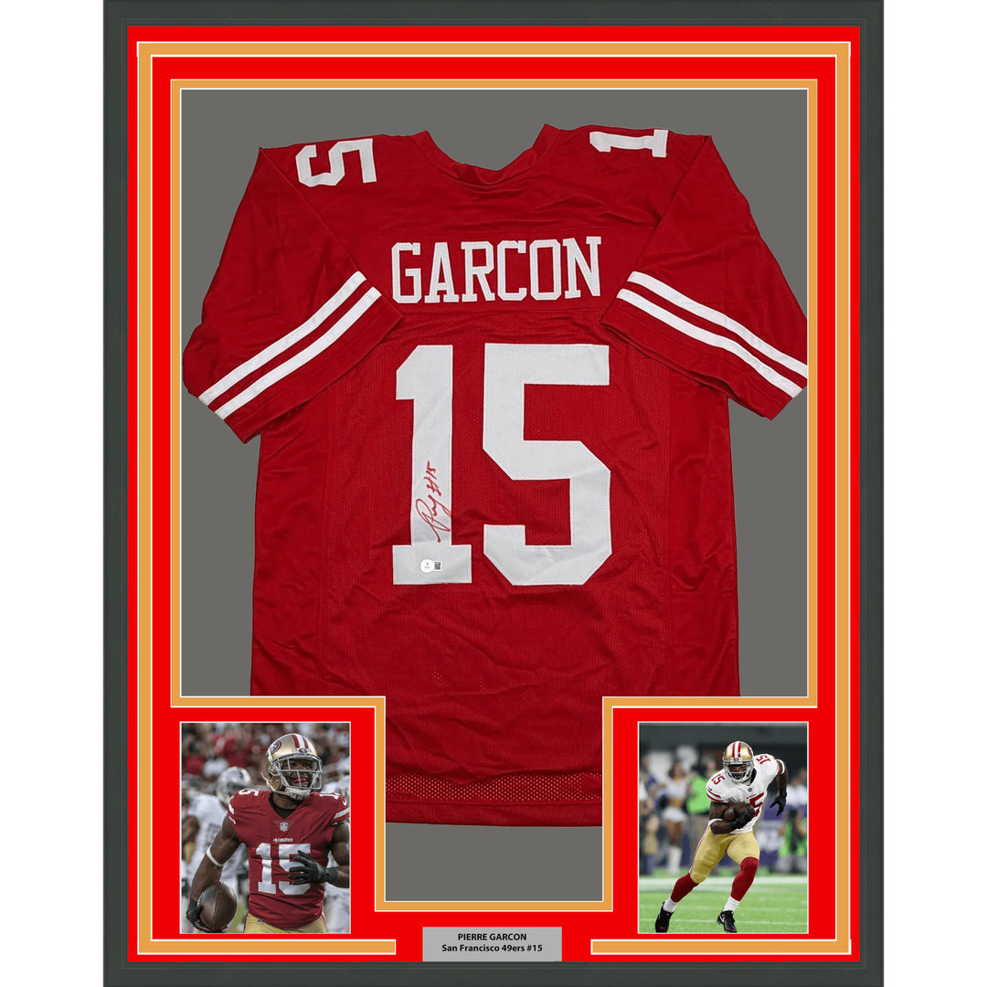Framed Autographed Pierre Garcon 35x39 San Francisco Red Football Jersey BAS COA