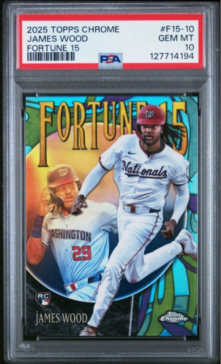 Graded 2025 Topps Chrome James Wood #F15-10 Fortune 15 Rookie RC Card PSA 10