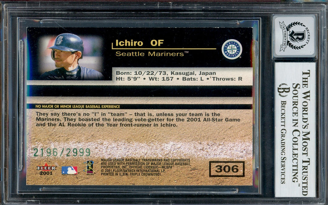 Ichiro Suzuki Signed 2001 Fleer Triple Crown RC 306 Sig 10 #2196/2999 Beckett