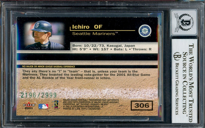Ichiro Suzuki Signed 2001 Fleer Triple Crown RC 306 Sig 10 #2196/2999 Beckett
