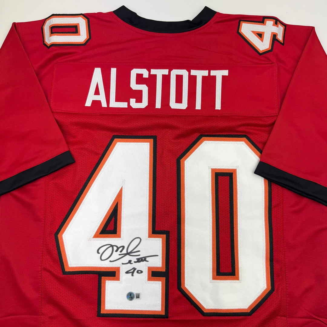 Autographed/Signed Mike Alstott Tampa Bay Red Jersey Beckett BAS COA