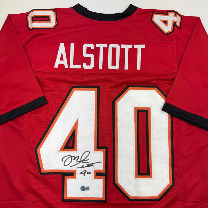 Autographed/Signed Mike Alstott Tampa Bay Red Jersey Beckett BAS COA