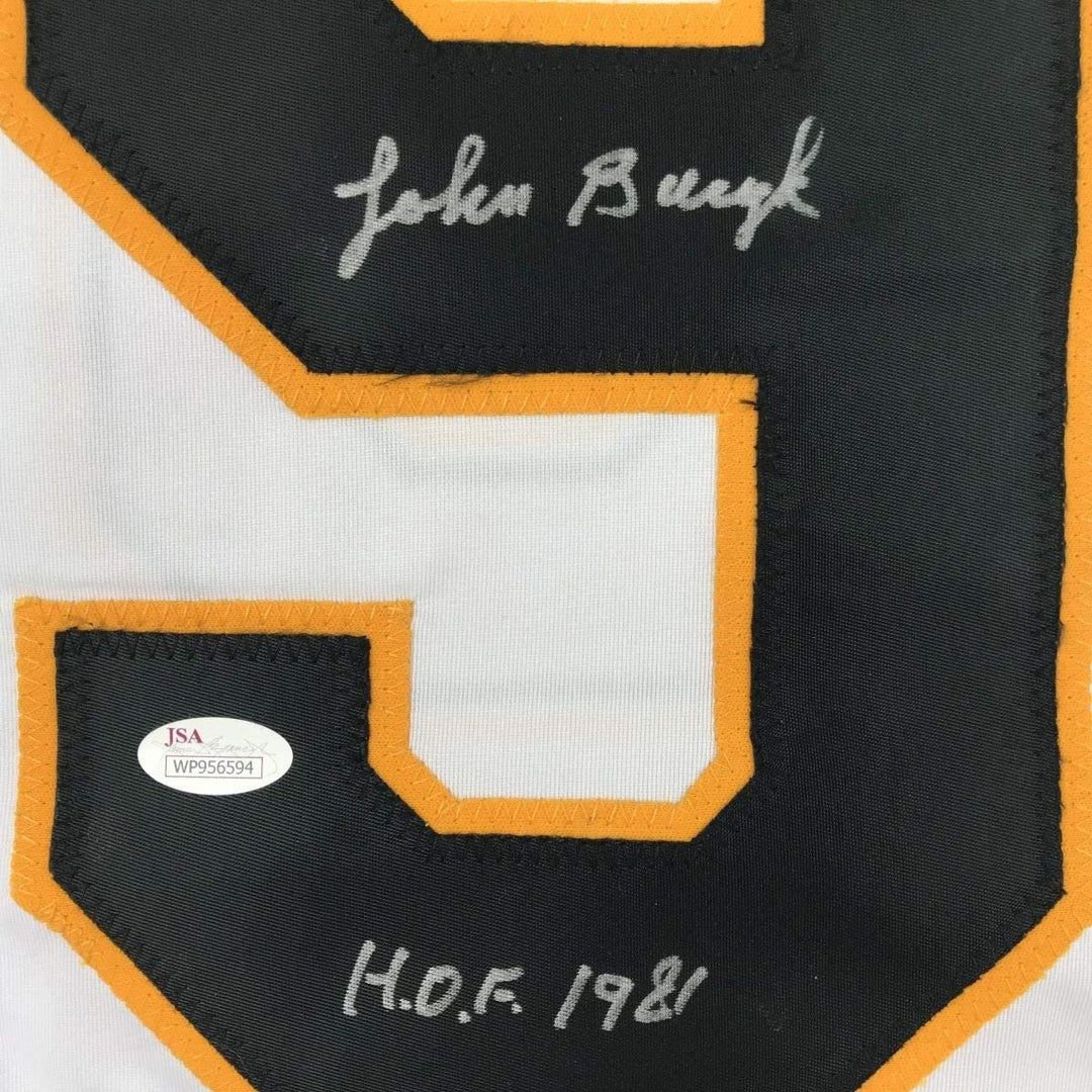 Autographed/Signed Johnny John Bucyk HOF 1981 Boston White Jersey JSA COA