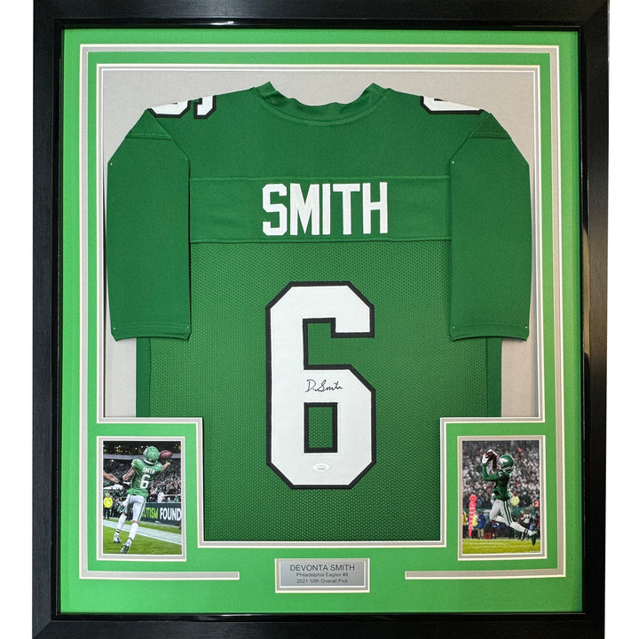 Framed Signed Devonta Smith 35x39 Philadelphia Kelly Green Jersey JSA COA