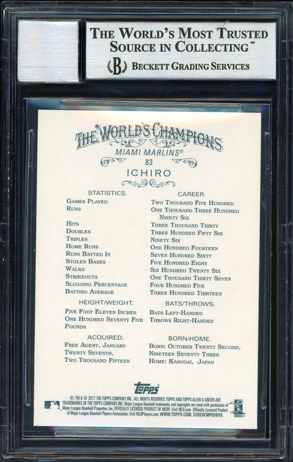 Ichiro Suzuki Signed 2017 Topps Allen & Ginter Card 83 Marlins Auto 10 Beckett