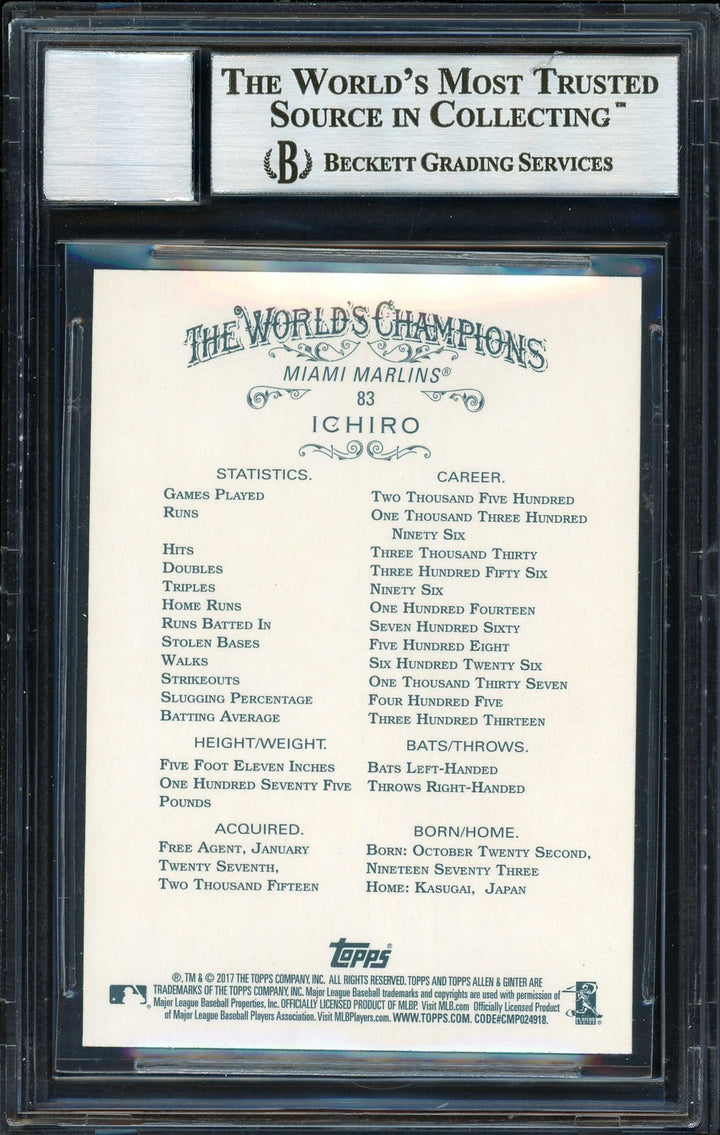 Ichiro Suzuki Signed 2017 Topps Allen & Ginter Card 83 Marlins Auto 10 Beckett