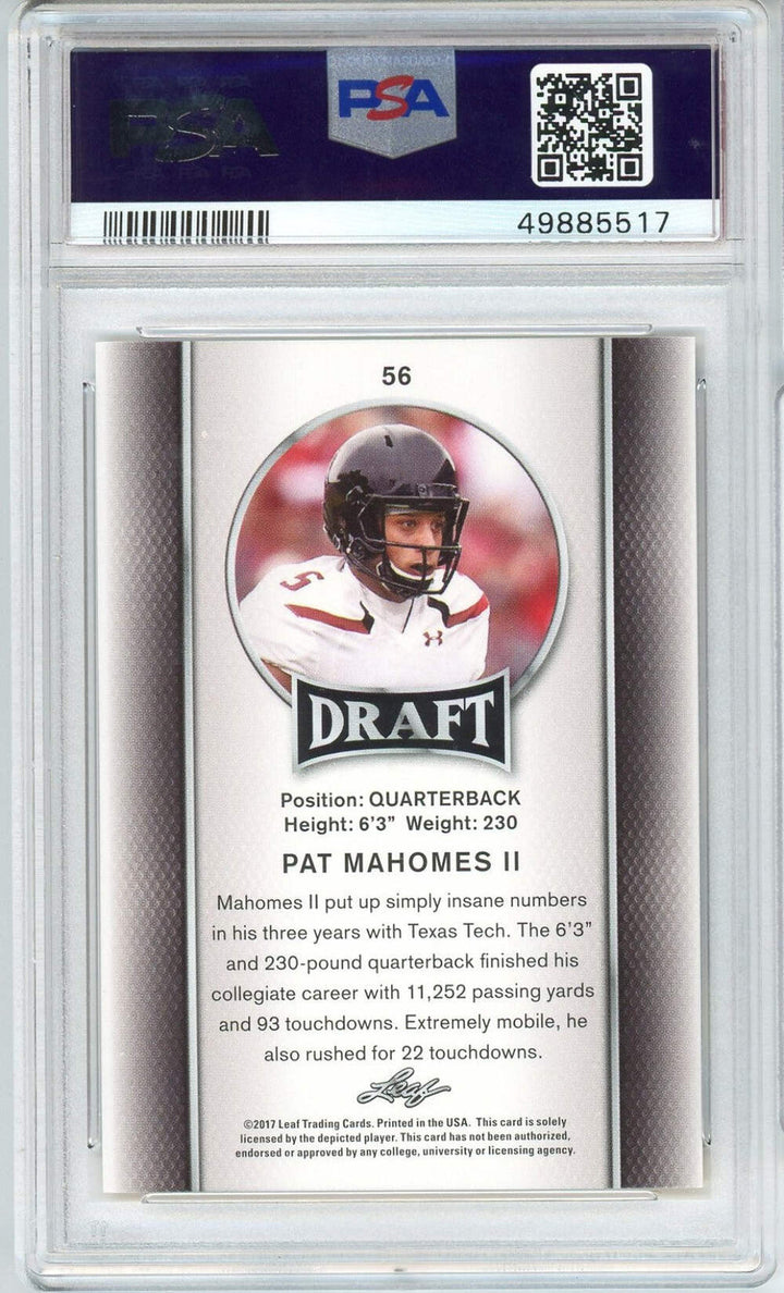 Graded 2017 Leaf Draft Patrick Mahomes II Gold #56 Rookie Football Card PSA 10
