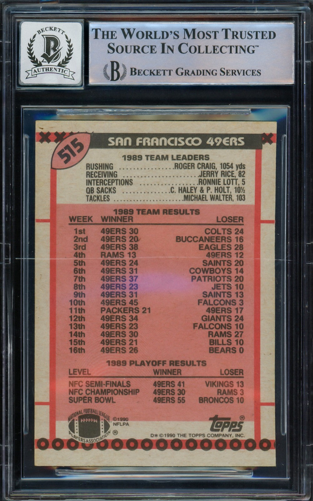 Joe Montana Signed 1990 Topps Card 515 San Francisco 49ers Auto GM 10 Beckett