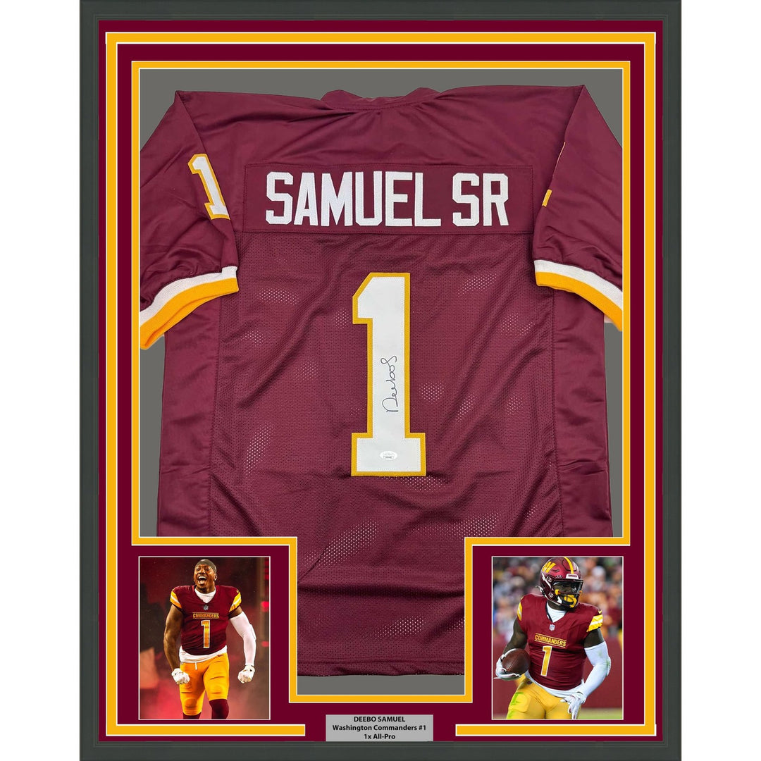 Framed Signed Deebo Samuel 35x39 Washington Burgundy Jersey JSA COA