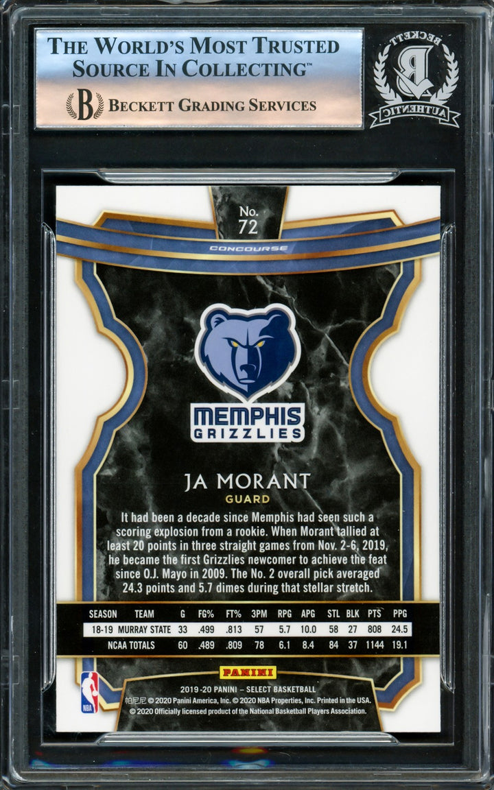 Ja Morant Signed 2019-20 Panini Select RC 72 Memphis Grizzlies Beckett